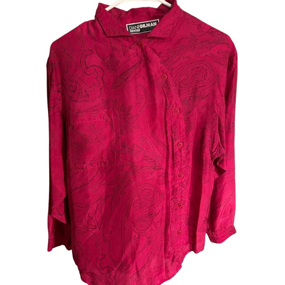 Diane Gilman Petites Pink Paisley Button Down Blouse Curved‎ Collar Long Sleeve